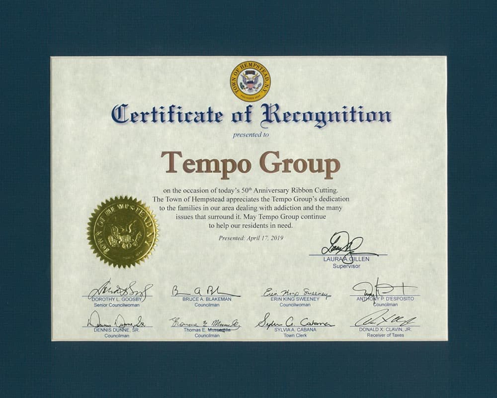 Tempo Group Certificate of Recognition